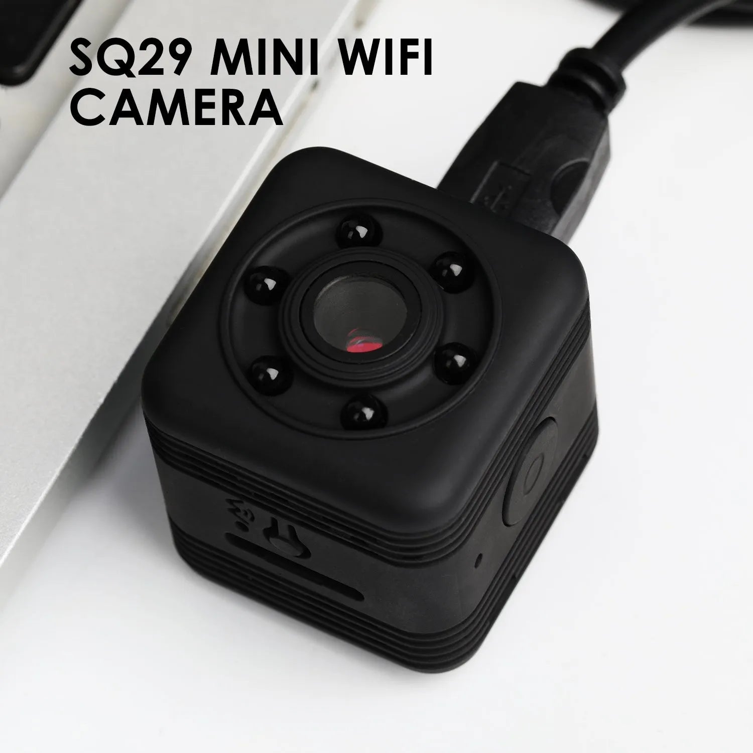 SQ29 black waterproof sports camera showing front view with lens.