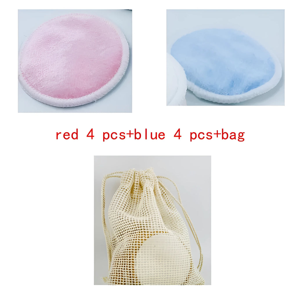 Bamboo velvet makeup remover pads in red and blue with cotton mesh storage bag