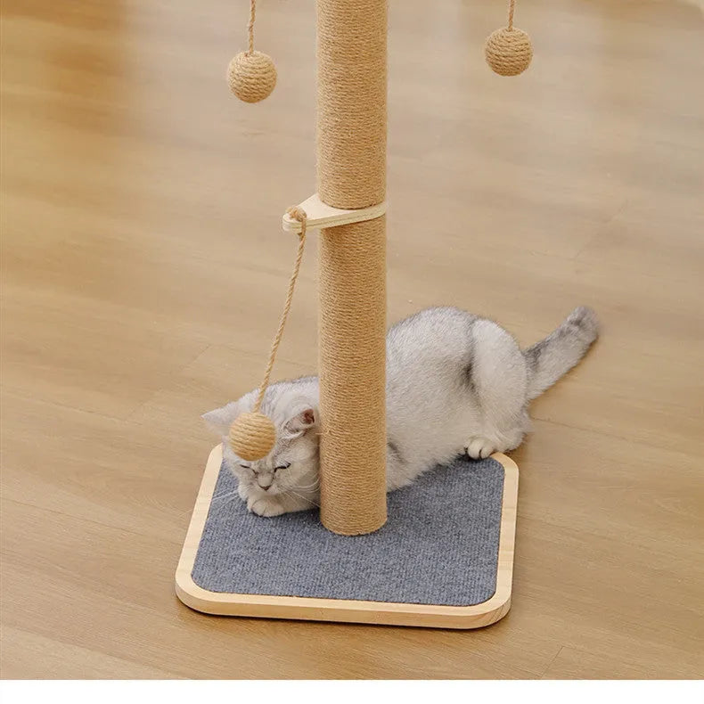 Windmill-style cat climbing frame with carpet leather covering and a white plastic ball hanging on a 40cm cord.