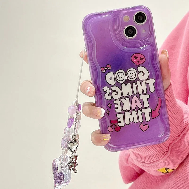 Purple graffiti and love pendant design iPhone case with a metal carrying chain attached.