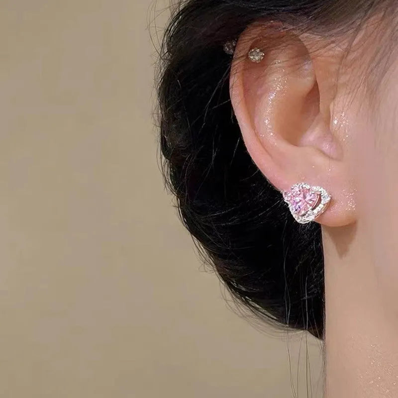 White K colour heart-shaped copper stud earrings for women with electroplated finish
