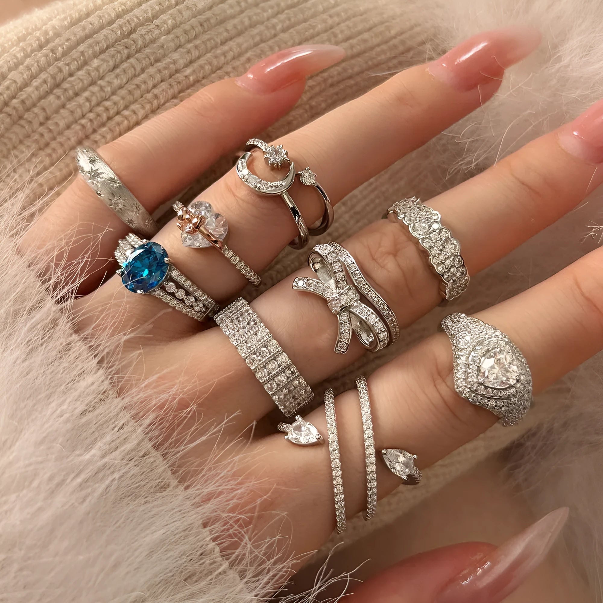 S925 sterling silver ring for women with bow and love-heart design, platinum finish, size No. 7