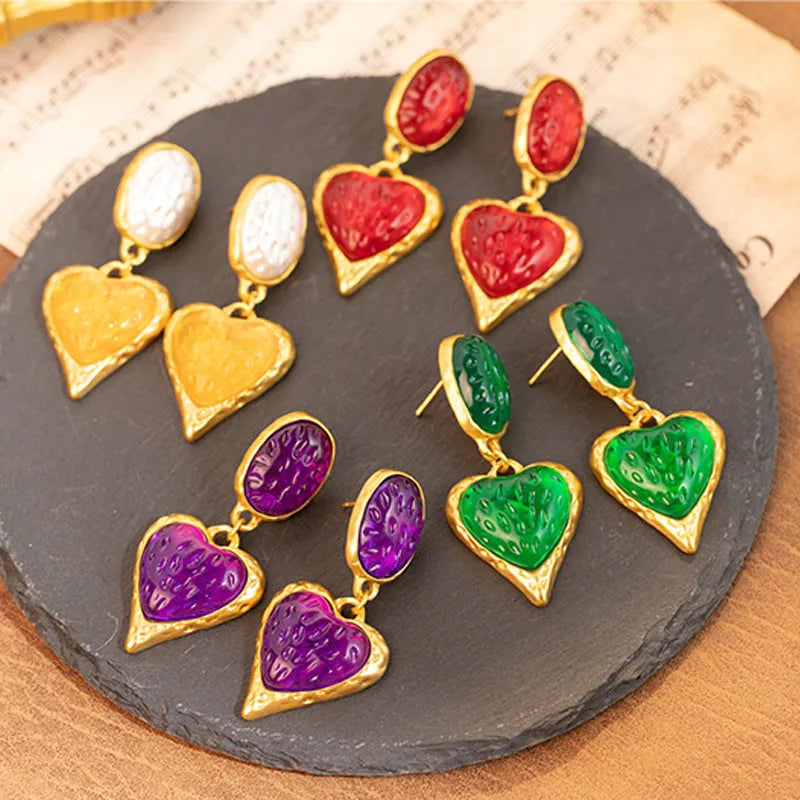 Silver needle pleated oval love heart alloy stud earrings in four colour variations