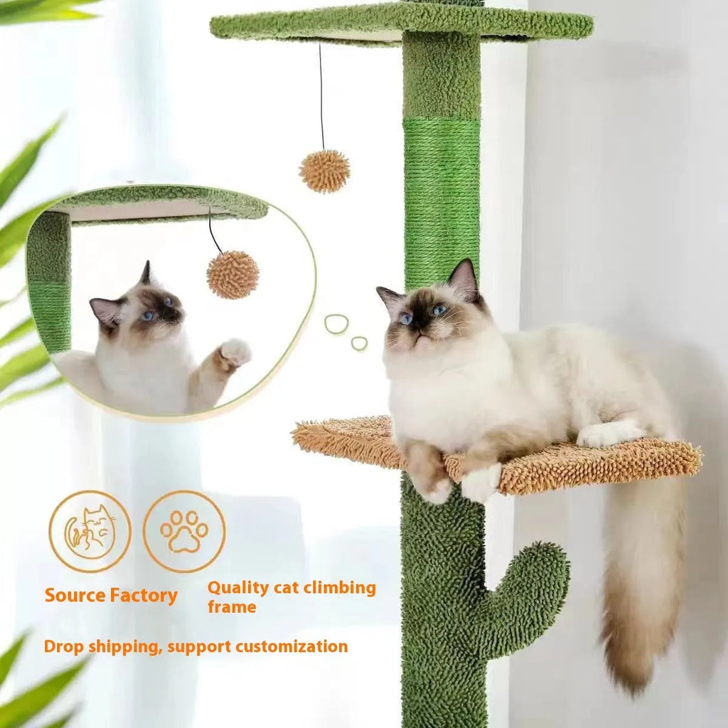 Tall solid wood cactus-shaped cat tree with integrated scratch board and dangling toy.