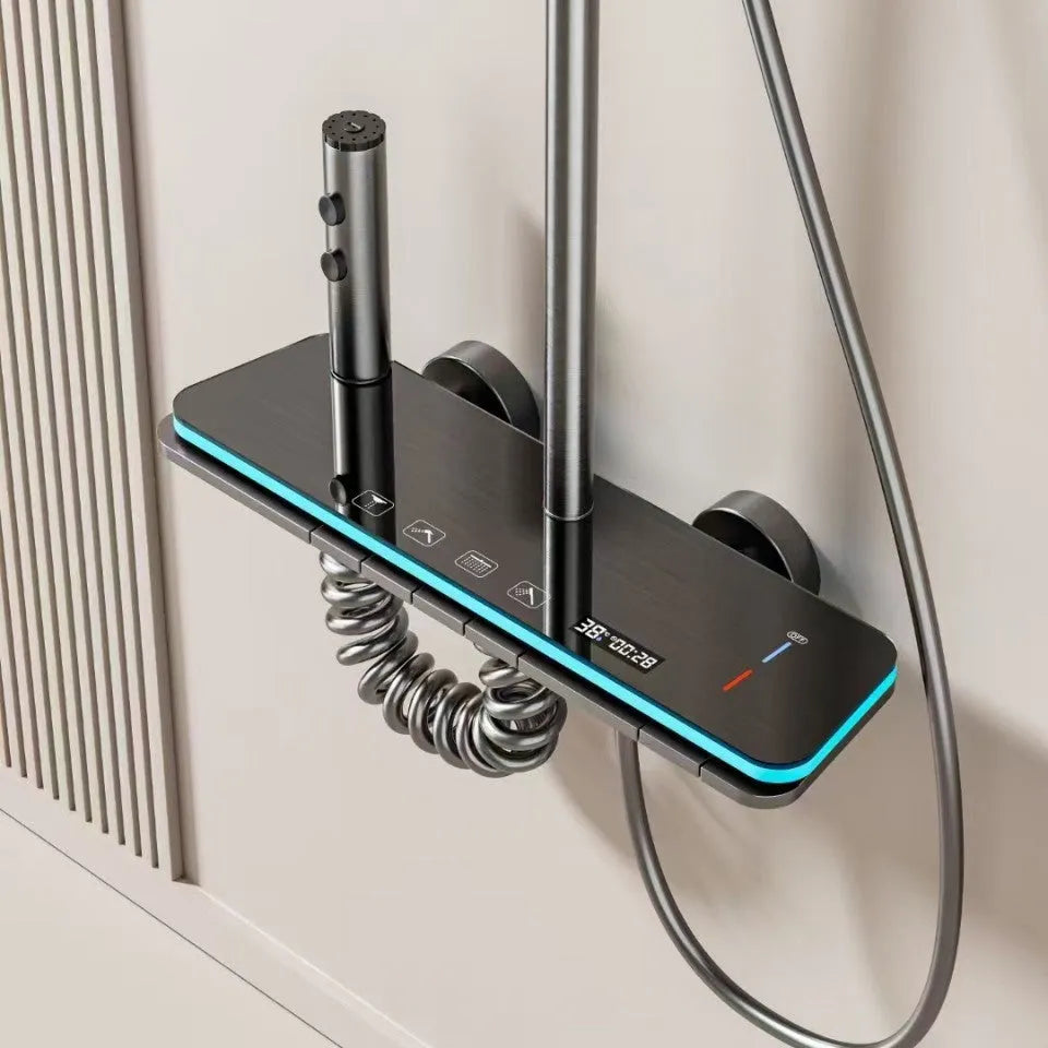 Digital display thermostatic shower head set with aluminium finish in concealed installation