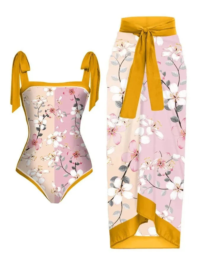 Women's printed floral chiffon swimsuit two-piece set with matching hip skirt