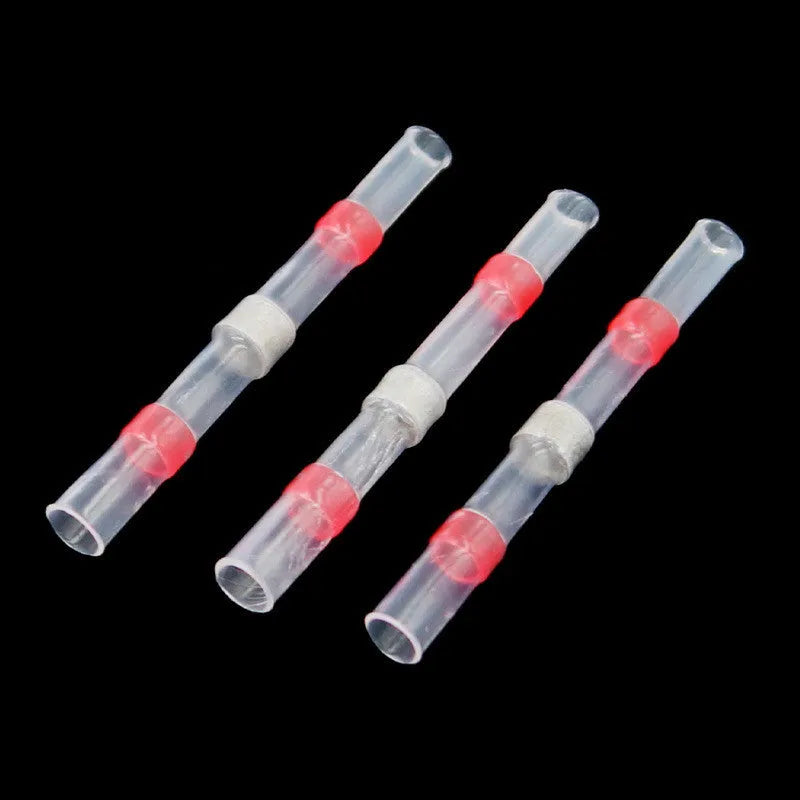 Red transparent heat shrink solder ring butt joint connector on white background, 20 pack for wire diameters 0.5-1.5mm²