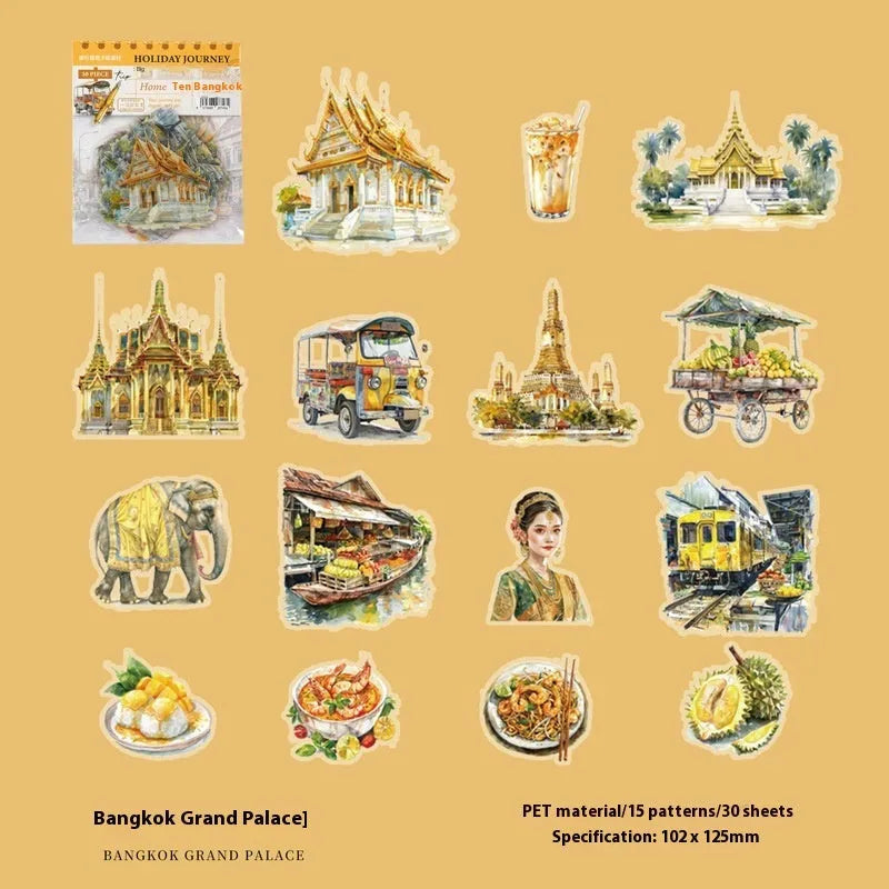 Holiday Journey Series architecture journal stickers showing retro designs of global landmarks