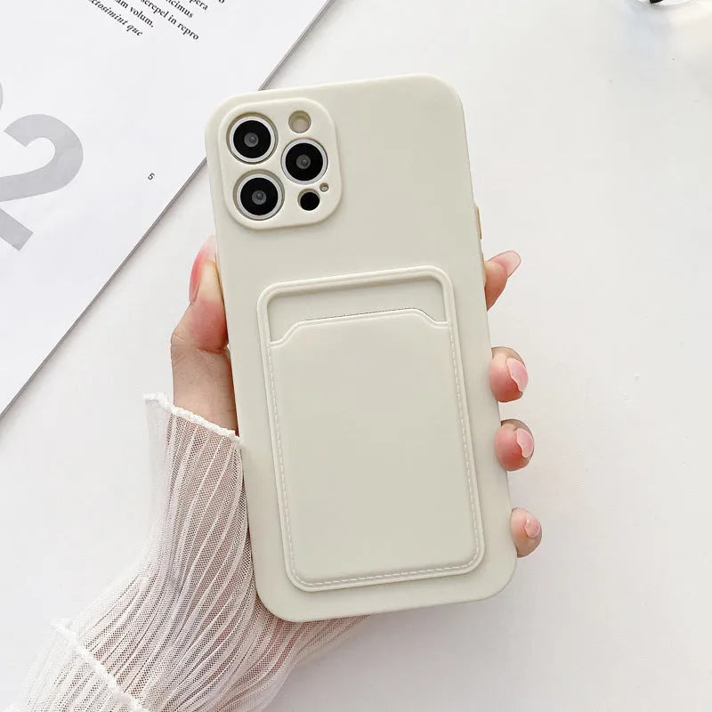 TPU card slot phone case for Apple iPhone in black with card inserted in rear slot