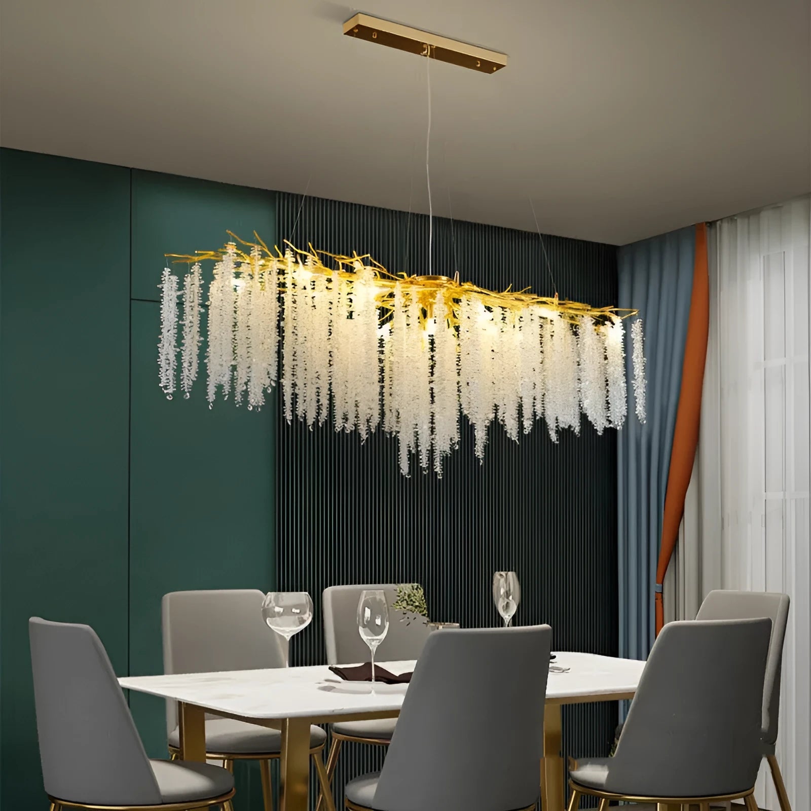 Modern crystal and aluminium alloy LED chandelier light fixture with adjustable height.
