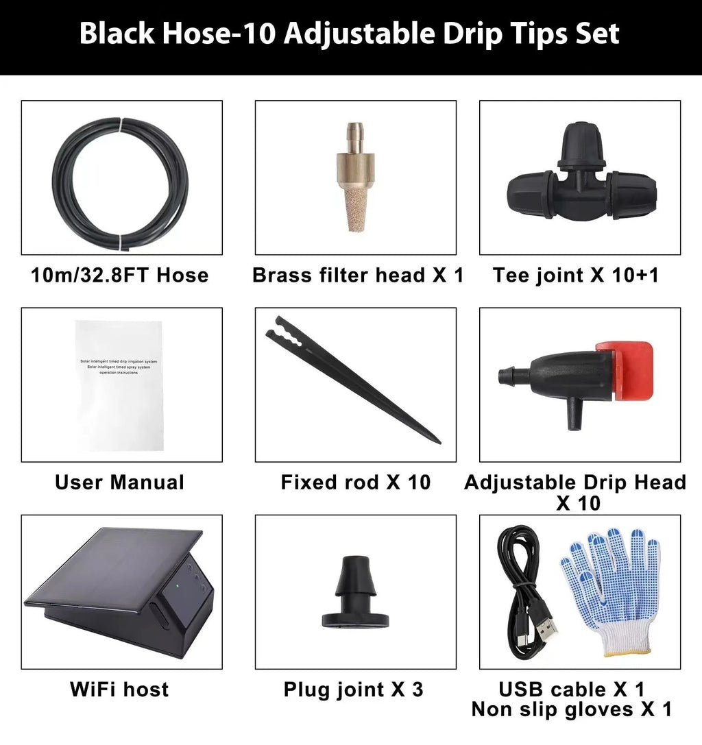 WiFi control automatic watering system with black tube and 10 adjustable drippers on a garden bed