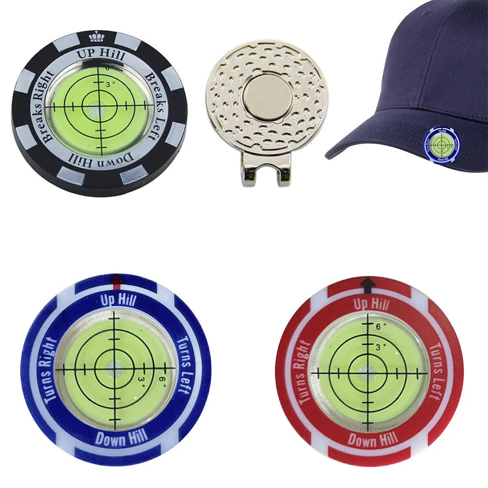 Golf level hat clip measurement tool with green level face and position marks in six colour options