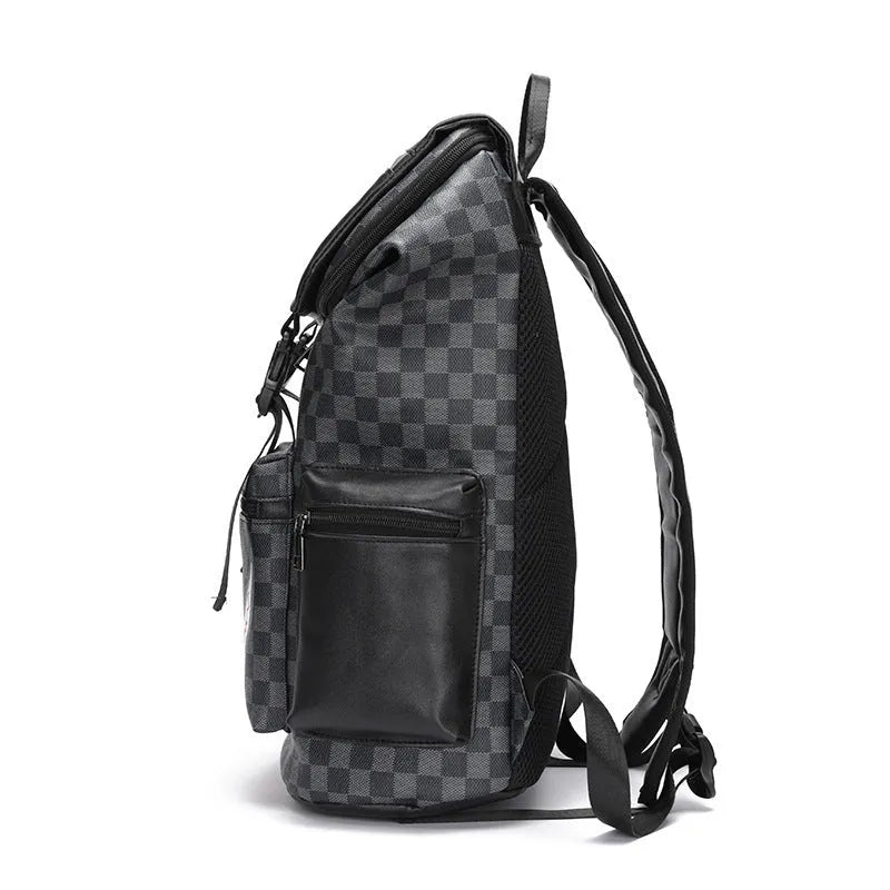 Korean style checkered pattern PU leather backpack with curved shoulder straps