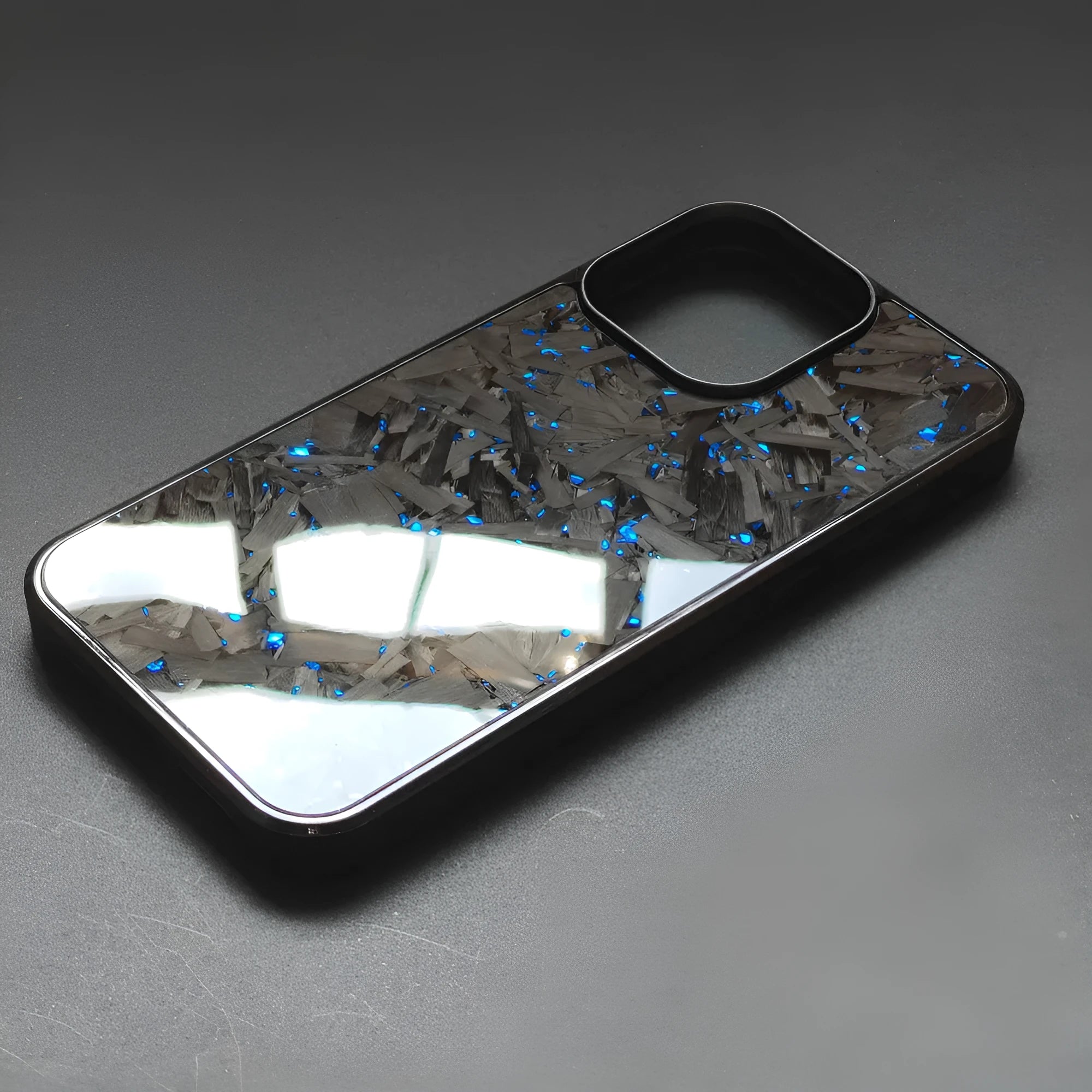 Carbon fibre anti drop phone case in blue gold splicing colour for iPhone models showing back design with precise cutouts