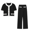 Women's beaded leather accent top and high-waisted stretch trousers suit set in contrast colours.