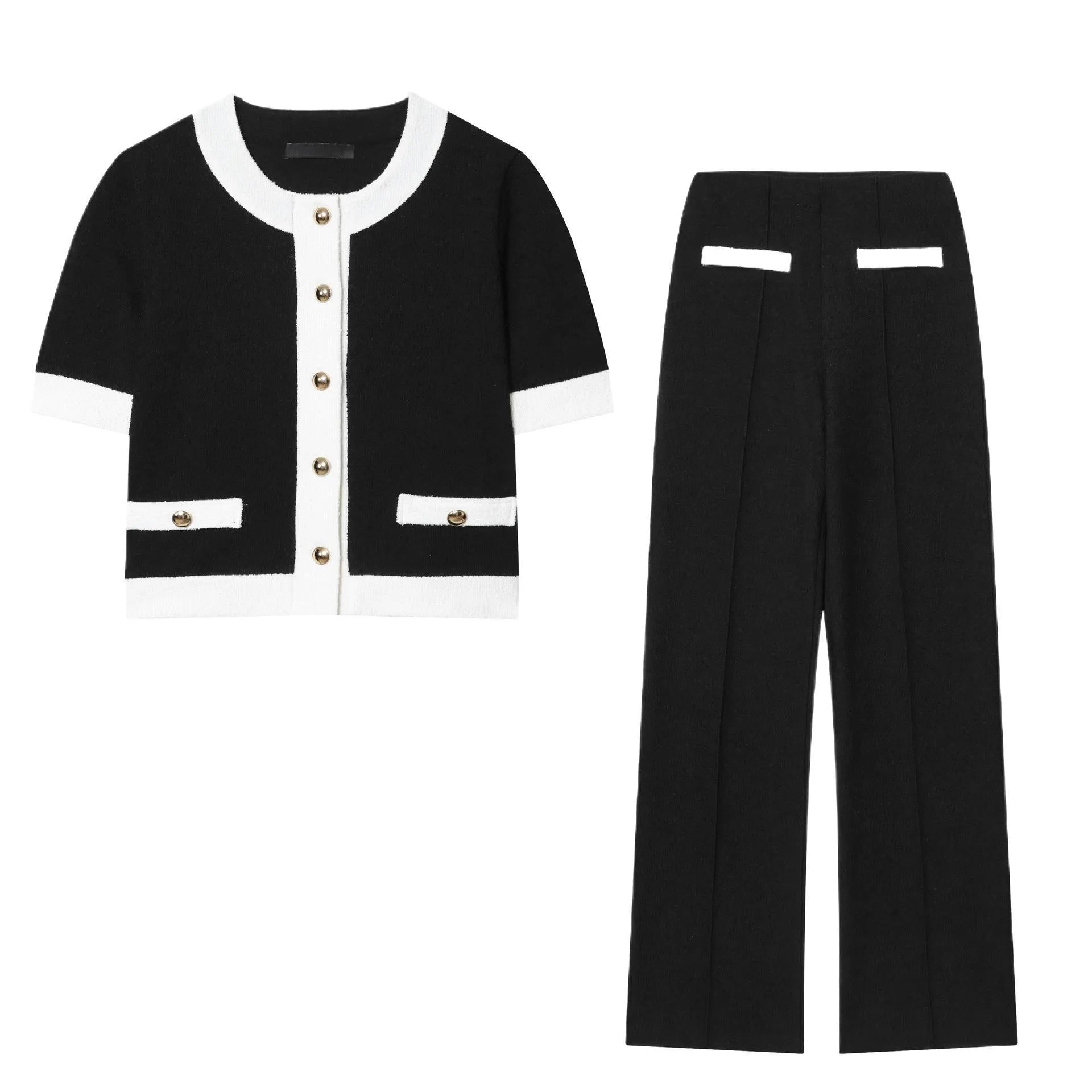 Women's beaded leather accent top and high-waisted stretch trousers suit set in contrast colours.