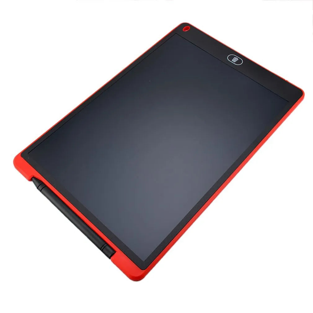LCD electronic handwriting board for children in blue, showing attached stylus and clear screen.