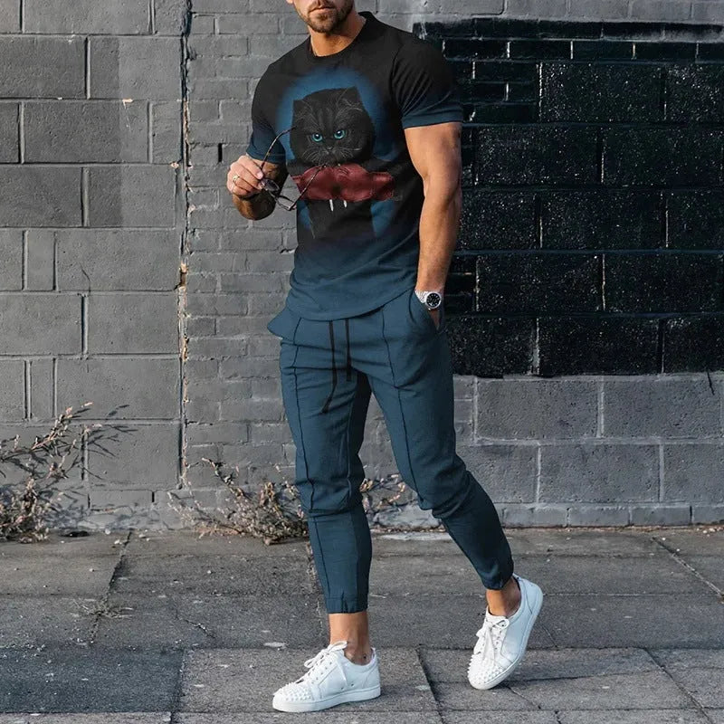 Men's thin short-sleeve printed pullover and matching trousers tracksuit set on a hanger.