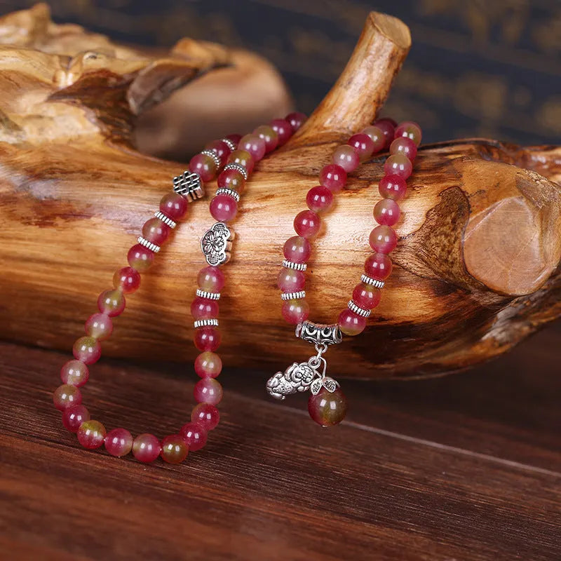 Handmade watermelon crystal bracelet with Chinese knot in 8mm or 6mm elephant style beads.