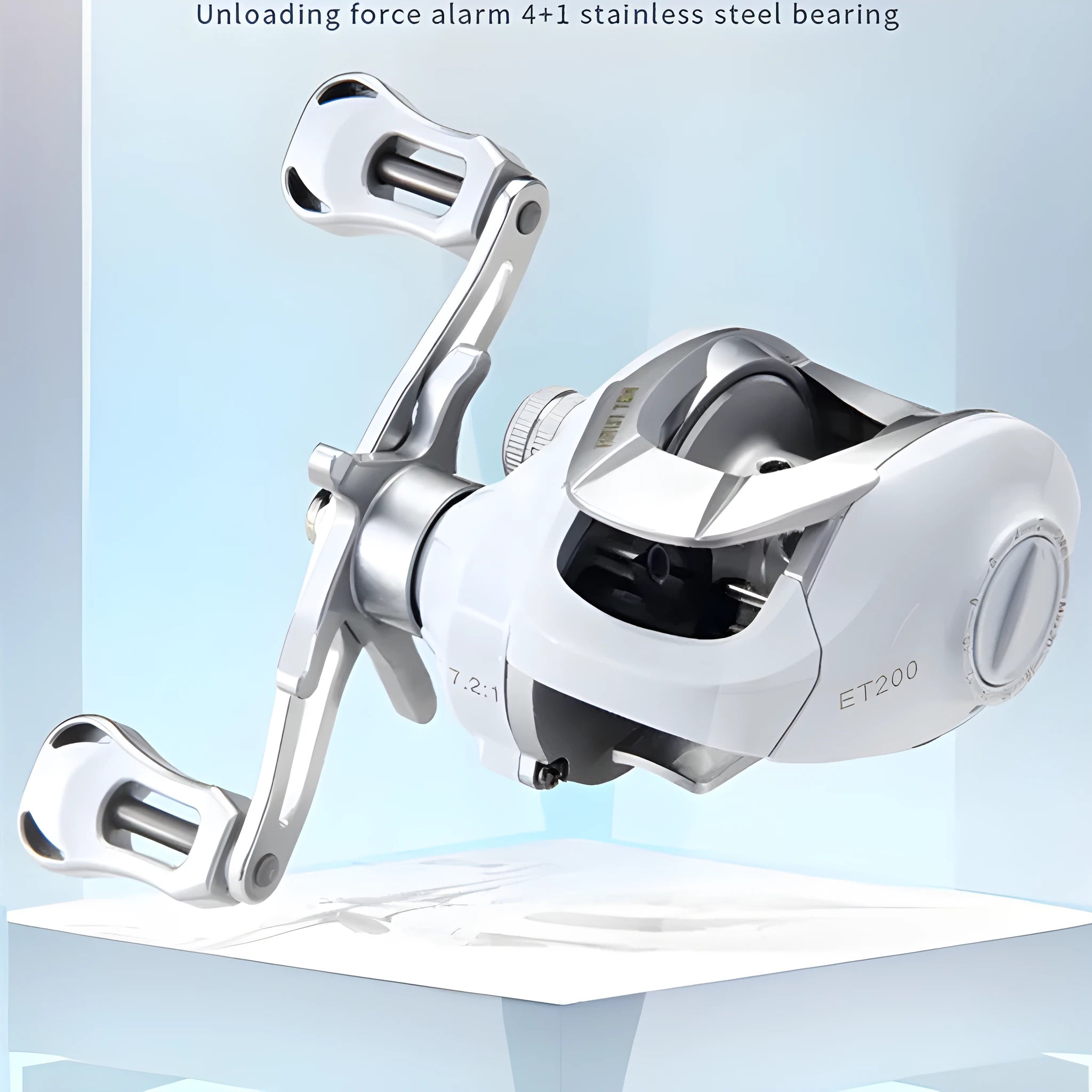 Small white baitcasting fishing reel with adjustable speed ratio and left/right hand retrieve options