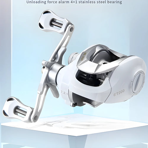 Small white baitcasting fishing reel with adjustable speed ratio and left/right hand retrieve options
