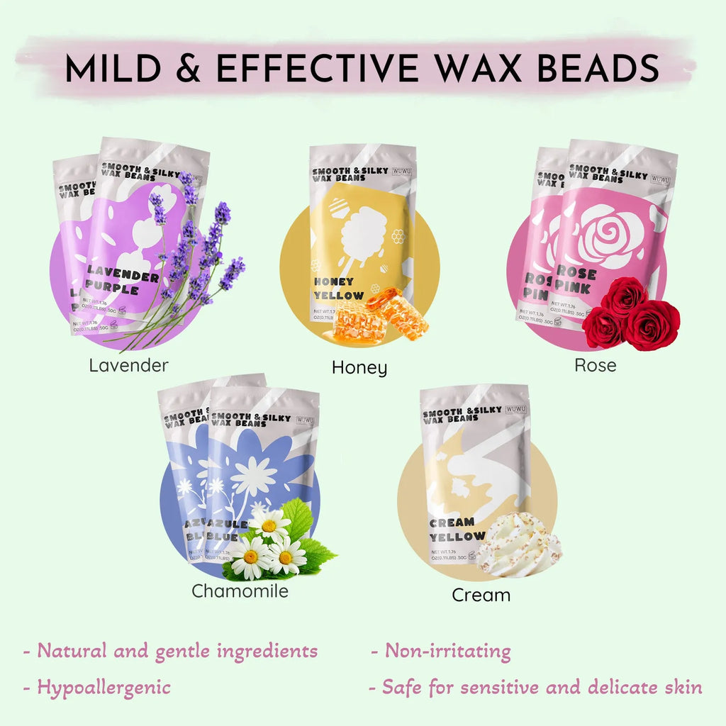WUWUVISTA 63-piece waxing kit with black wax warmer, wax beads, lotion, and applicator sticks