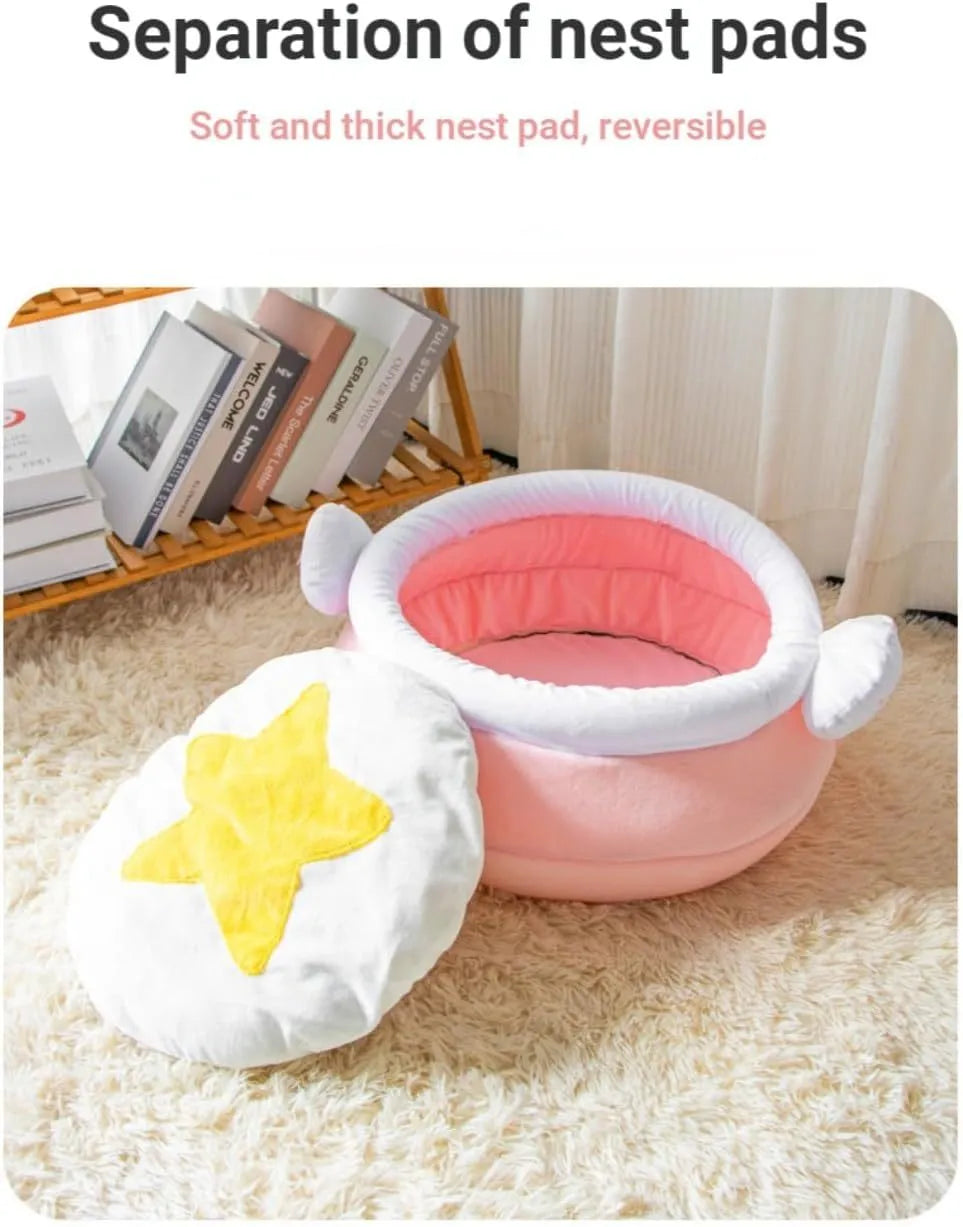 Pink honey pot-shaped enclosed cat sofa bed with a soft fabric exterior and a removable cushion.
