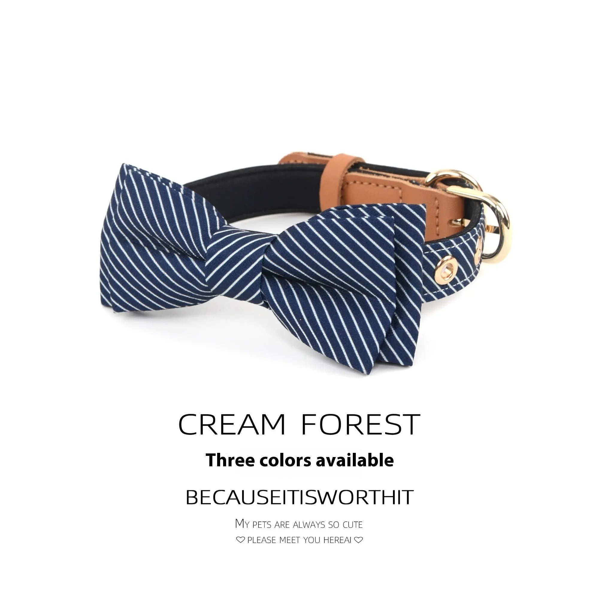 A white cotton dog collar with a detachable bow, showing the 2cm width and optional leather lettering.