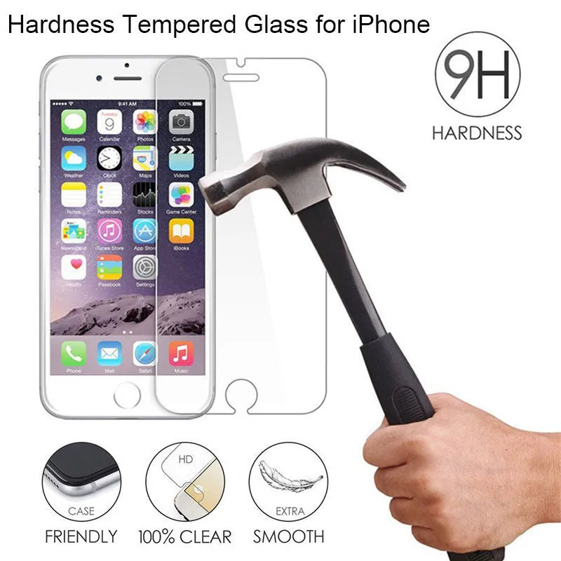 Tempered glass screen protector for iPhone models, shown in transparent colour with fine hole design.