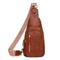 Soft brown PU leather women's crossbody messenger bag with an open front pocket and adjustable strap.