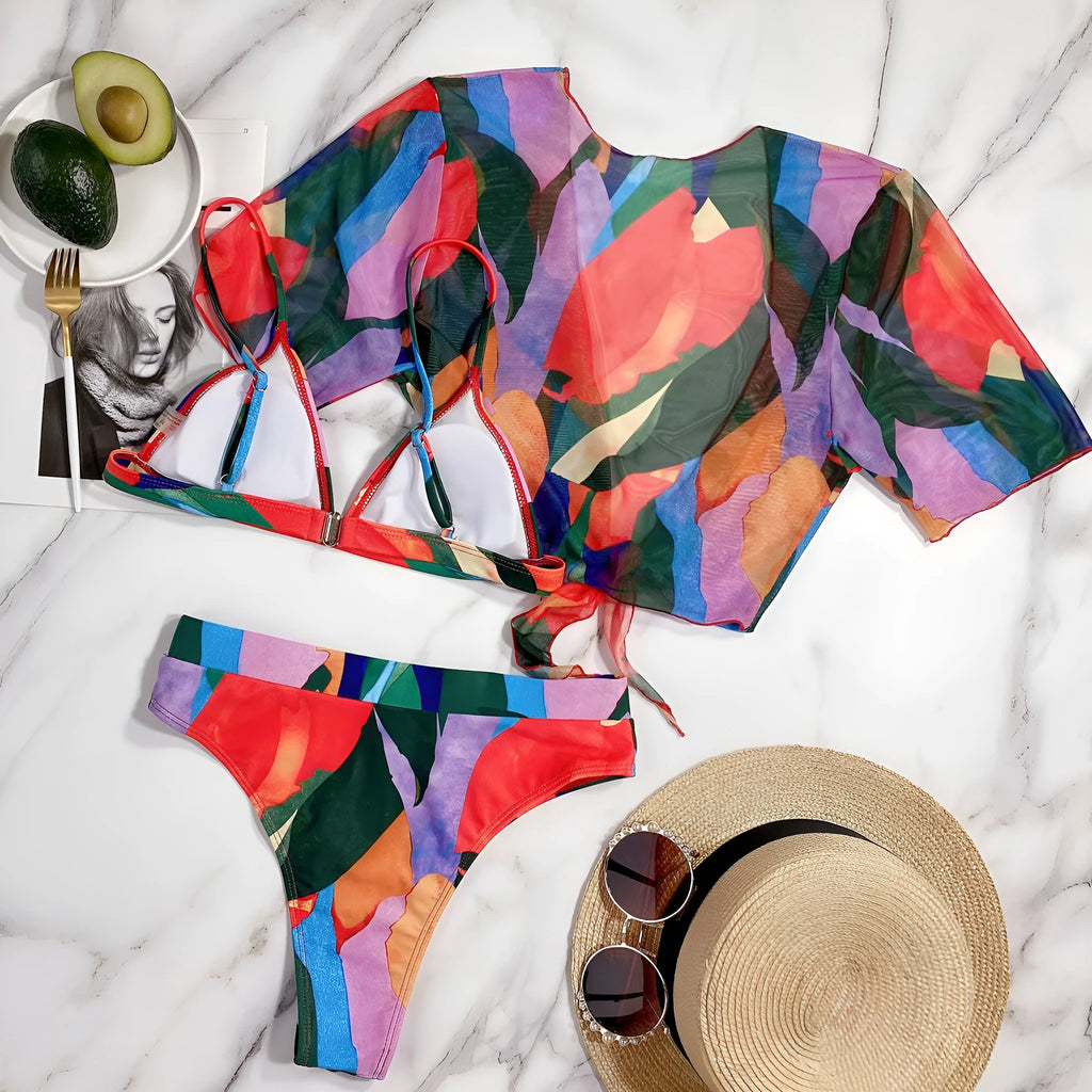 Red women's printed split swimsuit with triangle bikini briefs