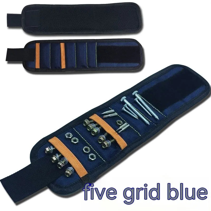 Magnetic wristband tool organiser with 15 grid pockets and adjustable Velcro strap in Oxford cloth