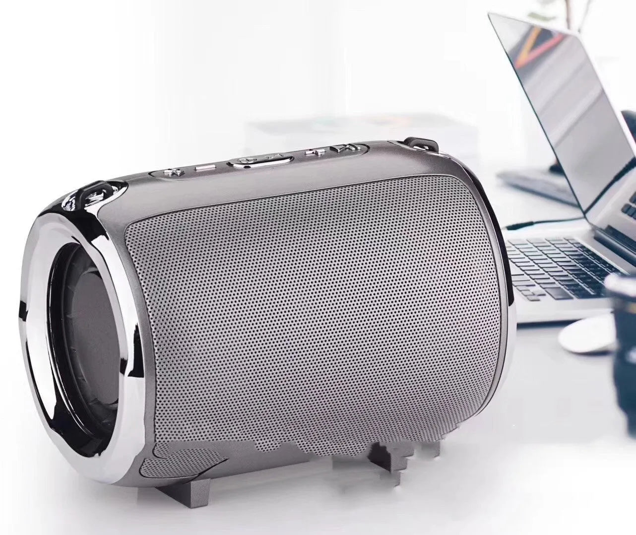 Portable metal subwoofer speaker with USB port and button controls in black, blue, golden, red, or silver.