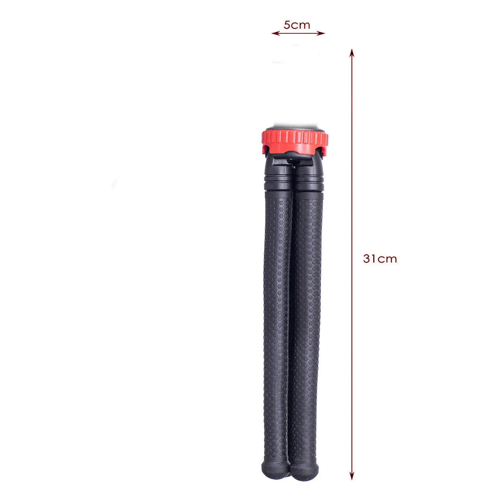 Black octopus tripod with flexible legs and spherical gimbal ball head for cameras and smartphones