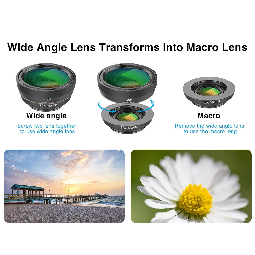 Black 6-in-1 universal smartphone camera lens kit with fisheye, wide-angle, macro, telephoto, CPL, and star filter lenses on a table.