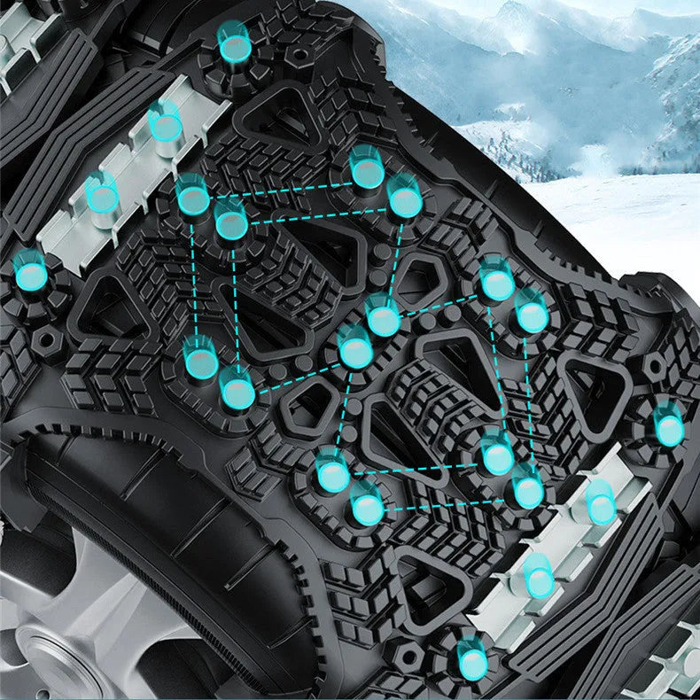 Universal armoured steel tyre chain set for cars and SUVs with installation tools in black or yellow.