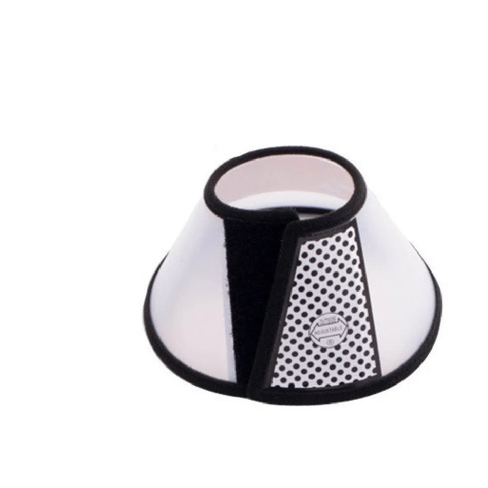 Transparent PP pet cleaning ring collar with adjustable Velcro, shown in size options for 9-46cm necks