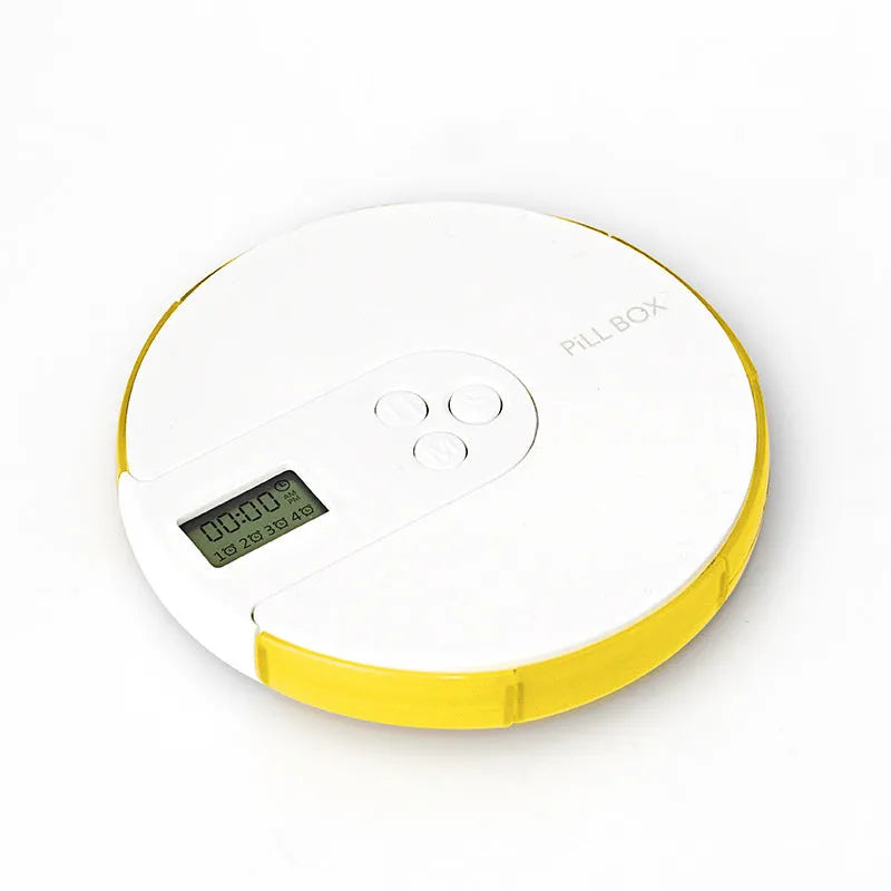 Seven-compartment electronic pill organiser with digital display, shown in blue, measuring 11cm square.