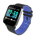 A6 smart bracelet with colour screen and blue silicone strap showing fitness stats.