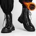 Men's black mid-top leather-look Tide British boots with a flat style and rubber sole.
