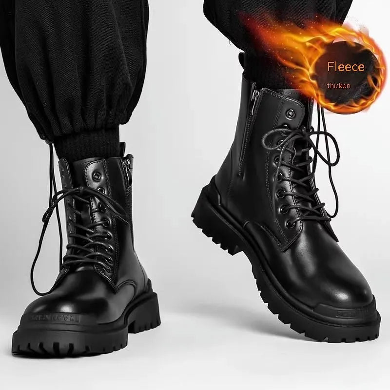 Men's black mid-top leather-look Tide British boots with a flat style and rubber sole.