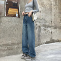 Women's high-waist retro blue straight-leg jeans on a hanger, showing the classic fit.