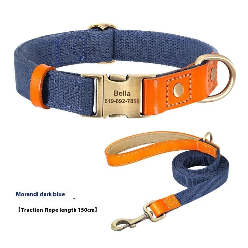 Small dog mohair collar and matching traction rope set in green, showing neck ring with lettering.