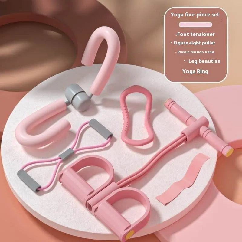 Yoga four piece fitness set with leg stretcher, pedal device, yoga ring, and tension rope.