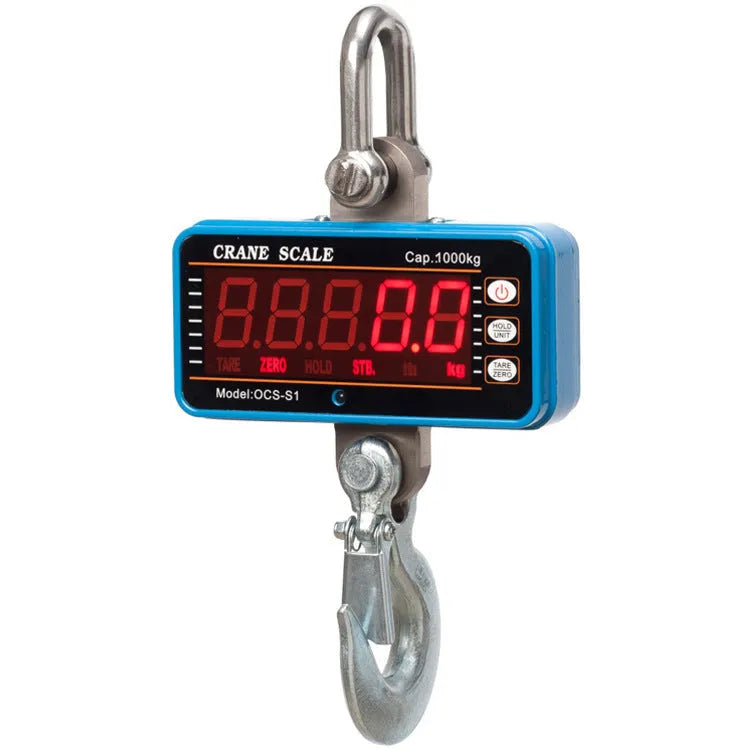 Orange electronic crane scale with digital display, showing 500 kg maximum capacity for industrial weighing.