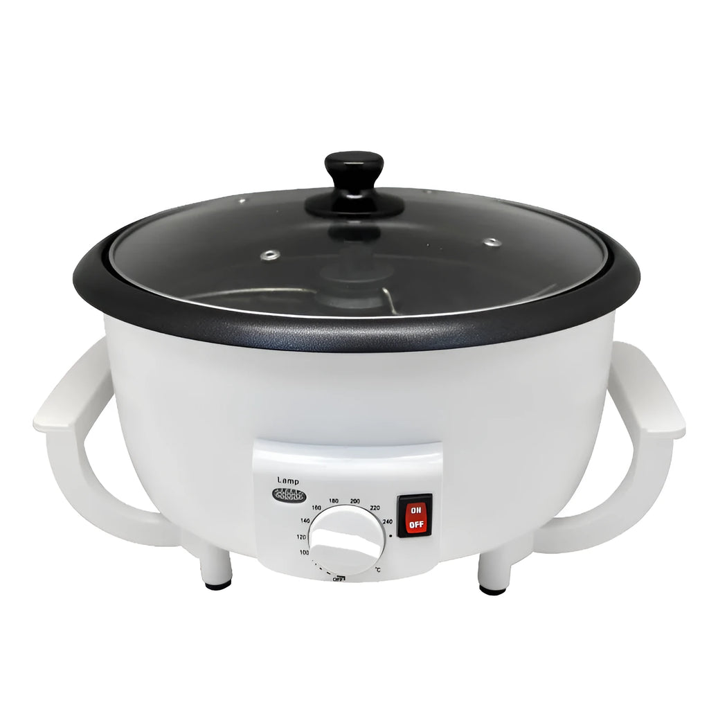 White oblate home coffee bean roasting machine with 750g capacity on a kitchen counter