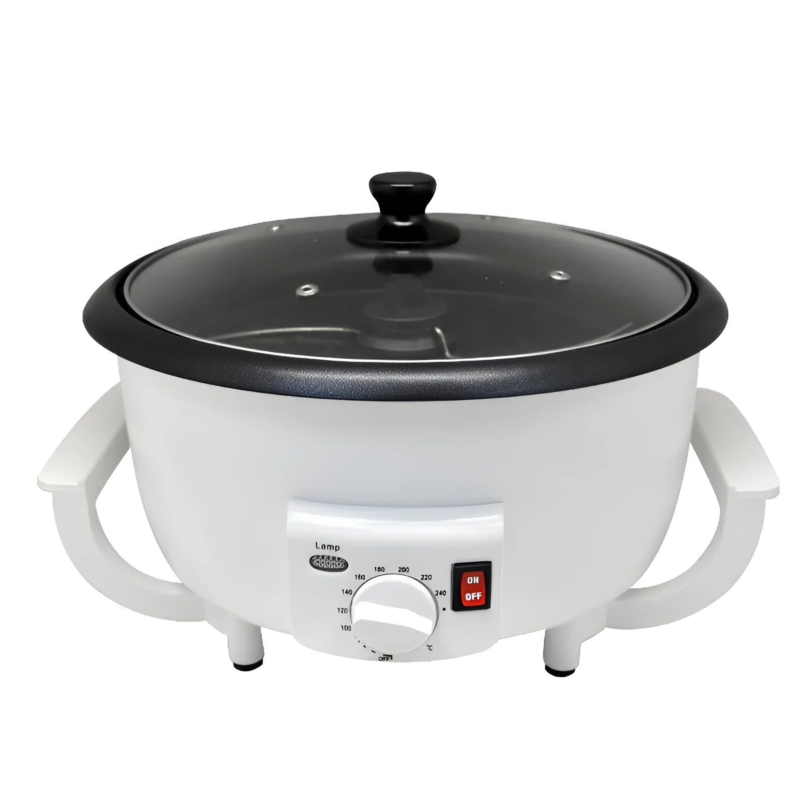 White oblate home coffee bean roasting machine with 750g capacity on a kitchen counter
