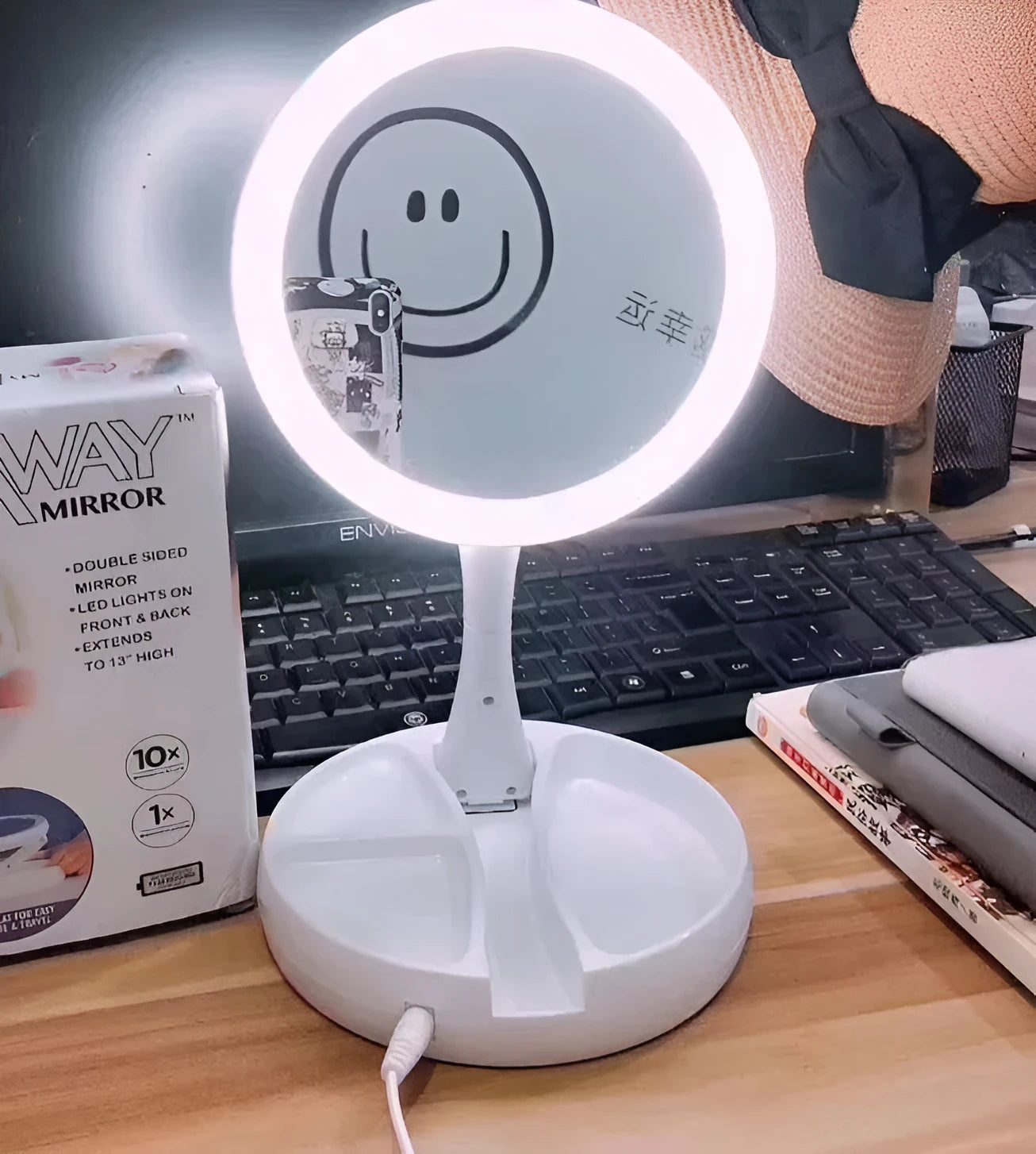 White foldable acrylic vanity mirror with LED lights and USB charging port