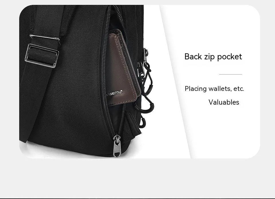 Casual black camouflage chest pack with a soft handle and single strap, showing internal phone pocket.