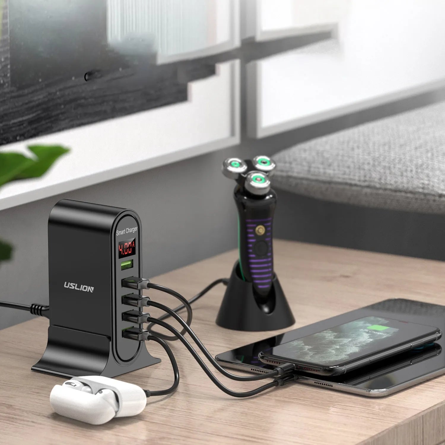 Smart LED digital display USB charger in black or white with choice of plug styles.